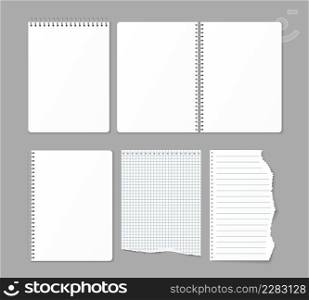 Realistic spiral notebook. Gray metal pages binding. Different paper markup types. Blanked 3D notepads mockup and torn out sheets. Metallic wire binder. Note perforated edges. Vector copybooks set. Realistic spiral notebook. Metal pages binding. Different paper markup types. Blanked 3D notepads and torn out sheets. Metallic wire binder. Note perforated edges. Vector copybooks set