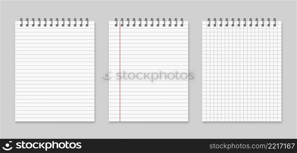 Realistic spiral notebook mockup. Collection various white papers for your text. Blank pages of notepad with margins isolated on gray background. Realistic square vector illustration.. Realistic spiral notebook mockup. Collection various white papers for your text. Blank pages of notepad with margins isolated on gray background.
