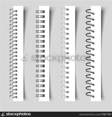 Realistic spirals notebook. 3D template metal binder to view. Spiral fastening sheets and sketchbook bindings ring. Vector illustration spring for calendar or notepad. Realistic spirals notebook. 3D metal binder. Spiral fastening sheets and sketchbook bindings ring. Vector illusration