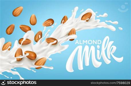Realistic splash of almond milk on a blue background. Milk lettering calligraphy. Healthy eating concept. Vector illustration EPS10. Realistic splash of almond milk on a blue background. Milk lettering calligraphy. Healthy eating concept. Vector illustration