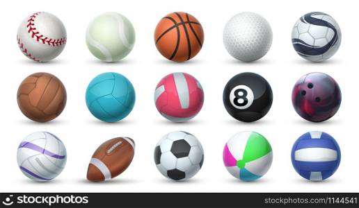 Realistic sport balls. 3D equipment for football, soccer, baseball, golf and tennis. Vector set illustration of balls for professional sport activities and games isolated on white background. Realistic sport balls. 3D equipment for football, soccer and tennis. Vector set of balls for sport activities and games isolated on white