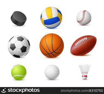 Realistic sport balls. Detailed 3d leather balls, hockey puck, shuttlecock for badminton, soccer, rugby and basketball, tennis and golf, volleyball and football games equipment utter vector set. Realistic sport balls. Detailed 3d leather balls, hockey puck, shuttlecock for badminton, soccer, rugby and basketball, tennis and golf, volleyball and football games utter vector set
