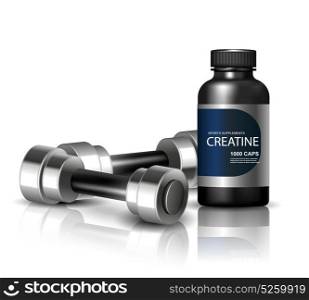 Realistic Sport Barbell. Realistic set of two barbells and sport supplement on glassy surface on white background vector illustration