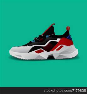 Realistic sport running shoe for training and fitness isolated on color background, trendy sneakers, vector illustration. Realistic sport running shoe for training and fitness