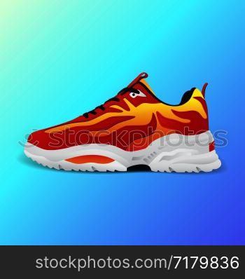 Realistic sport running shoe for training and fitness on gradient background, trendy red and white sneakers, vector illustration. Realistic sport running shoe for training and fitness