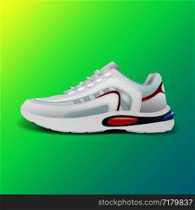 Realistic sport running shoe for training and fitness on gradient background, trendy white and red sneakers, vector illustration. Realistic sport running shoe for training and fitness