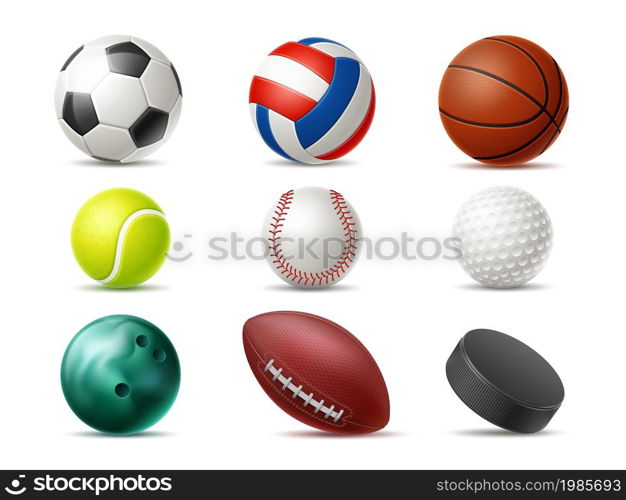 Realistic sports balls. 3D football, tennis, rugby and golf accessories. Basketball, baseball, soccer round objects. Different team games professional equipment. Vector isolated playing spheres set. Realistic sports balls. 3D football, tennis, rugby and golf accessories. Basketball, baseball, soccer objects. Different games professional equipment. Vector isolated playing spheres set