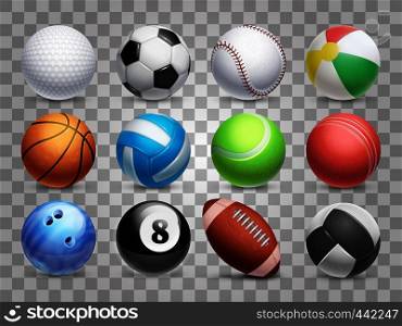 Realistic sports balls vector big set isolated on transparent background. Illustration of soccer and baseball, football game and tennis. Realistic sports balls vector big set isolated on transparent background