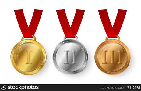 Realistic sports medals isolated on white background set. Gold, silver and bronze metal medal. Vector awards for winner or ch&ion.