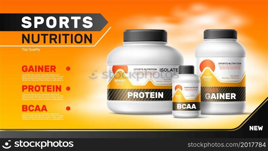 Realistic sports supplements. Plastic containers with whey protein powder. Gainer and amino acid, 3d isolated package different sizes, advertising poster with copy space, horizontal vector banner. Realistic sports supplements. Plastic containers with whey protein powder. Gainer and amino acid, 3d isolated package different sizes, advertising poster with copy space, vector banner