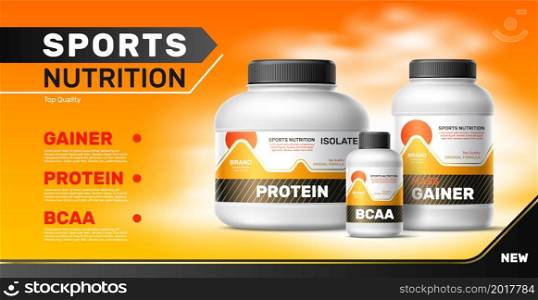Realistic sports supplements. Plastic containers with whey protein powder. Gainer and amino acid, 3d isolated package different sizes, advertising poster with copy space, horizontal vector banner. Realistic sports supplements. Plastic containers with whey protein powder. Gainer and amino acid, 3d isolated package different sizes, advertising poster with copy space, vector banner