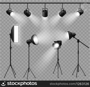 Realistic spotlight. Illuminated photo studio and stage light, floodlights and softbox set for vivid show, concert light effects. Vector projector and lamp set. Realistic spotlight. Illuminated photo studio and stage light, floodlights and softbox set for vivid show, concert light effects. Vector set
