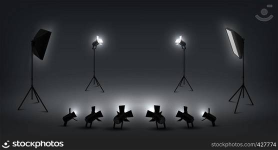 Realistic spotlight. Studio light effects, floodlights and softbox, photo studio and stage light. Vector set of concert vivid lamp light. Realistic spotlight. Studio light effects, floodlights and softbox, photo studio and stage light. Vector set of concert lamp light