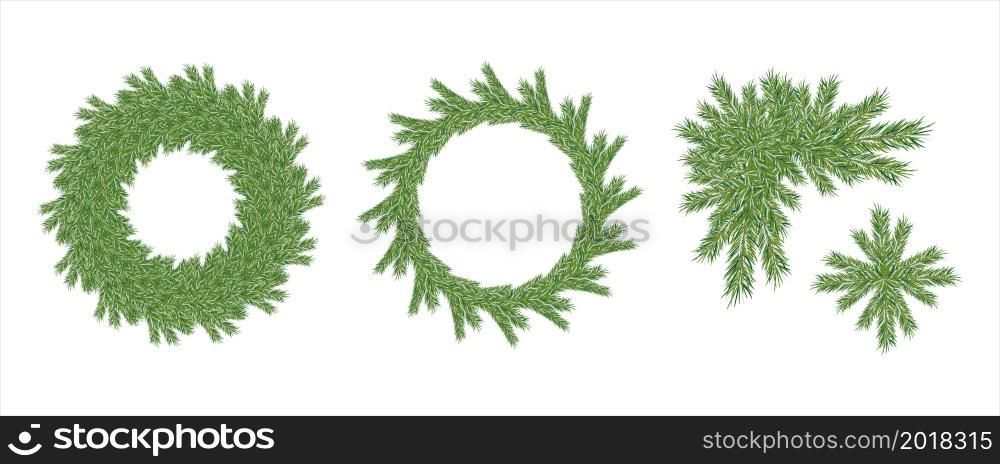 Realistic spruce tree for decoration design.Branches, wreath, border, garland. Vector set. Natural art decoration. Realistic isolated vector.. Realistic spruce tree for decoration design.