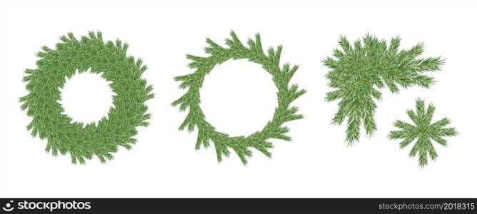 Realistic spruce tree for decoration design.Branches, wreath, border, garland. Vector set. Natural art decoration. Realistic isolated vector.. Realistic spruce tree for decoration design.