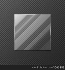 Realistic square glass. Blank mirror or window object with light effects, decorative interior element. Vector illustration glass square banner with shadow reflection and glossy texture. Realistic square glass. Blank mirror or window object with light effects, decorative interior element. Vector glass square banner