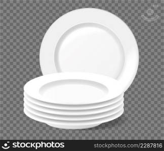 Realistic stack of plates, washed dishes, clean plate pile. Stacked dinnerware, empty white dish, ceramic kitchen tableware vector set. Illustration of realistic dish and plate. Realistic stack of plates, washed dishes, clean plate pile. Stacked dinnerware, empty white dish, ceramic kitchen tableware vector set