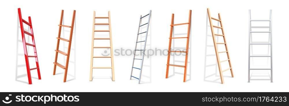 Realistic stairs. 3D staircase lean on wall. Isolated construction stepladder. Metal or wooden vertical ladder set with shadow. Household portable tools for repairs and building. Vector work equipment. Realistic stairs. 3D staircase lean on wall. Isolated construction stepladder. Metal or wooden ladder set with shadow. Household tools for repairs and building. Vector work equipment
