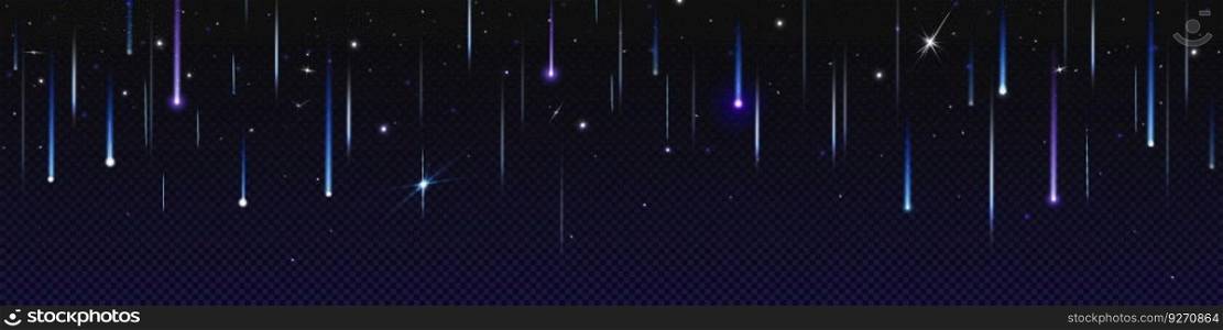 Realistic star shower on transparent night sky background. Vector illustration of comets, meteors, asteroids falling down, sparkling and shimmering on black. Space galaxy, universe design element. Realistic star shower on transparent night sky