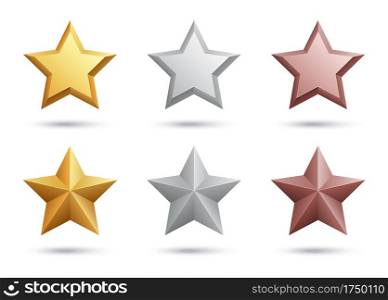 Realistic stars. Gold silver bronze stars isolated on white background. 3D vector metal elements. Illustration silver and gold star, bronze award. Realistic stars. Gold silver bronze stars isolated on white background. 3D vector metal elements