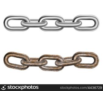 Realistic Steel Chains 2 Pieces Set. Two realistic pieces of steel and iron rusty links strong heavy chains horizontal isolated vector illustration