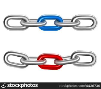Realistic Steel Chains 2 Pieces Set. Two realistic pieces of steel chain with red and blue links in the middle isolated vector illustration