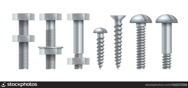 Realistic steel self-tapping. Metal bolts with tightened nuts. Stainless threaded nails with polygonal and round heads. Silver colored hardware assortment. Vector isolated set of building equipment. Realistic steel self-tapping. Metal bolts with tightened nuts. Stainless threaded nails with polygonal and round heads. Silver hardware assortment. Vector set of building equipment