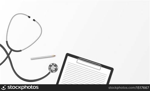 Realistic stethoscope and clipboard isolated on white background, medical concept background with copy space, vector illustration