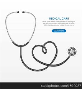 Realistic stethoscope and heart isolated on white background, medical care concept, vector illustration
