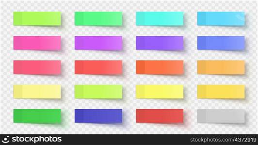 Realistic sticky paper post notes, colored sticker tag. Adhesive memo stripes with shadows. Office tape bookmark for documents vector set. Illustration of post sticky notes, sticker memo. Realistic sticky paper post notes, colored sticker tag. Adhesive memo stripes with shadows. Office tape bookmark for documents vector set