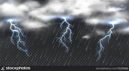Realistic storm. Heavy clouds thunder and shower rain on transparent background. Vector illustration atmosphere phenomenon with lightning strikes, nature sky lights energy. Realistic storm. Heavy clouds thunder and shower rain on transparent background. Vector atmosphere phenomenon with lightning strikes