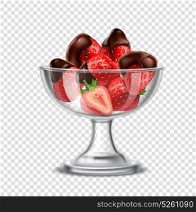 Realistic Strawberry In Chocolate Composition. Colored realistic strawberry in chocolate composition with berries in a crystal glass vector illustration