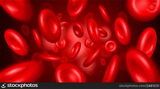 Realistic streaming blood cells. Macro vessel with 3D red particles. Abstract erythrocytes background. Enlarged bloody corpuscles artery flow. Circulatory system. Microscopic molecules. Vector concept. Realistic streaming blood cells. Macro vessel with 3D red particles. Abstract erythrocytes background. Enlarged artery flow. Circulatory system. Microscopic molecules. Vector concept