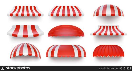 Realistic striped store sunshade awning, shop canopy. Red and white market umbrella. Front tent roof for shop showcase designs vector set. Cafe or restaurant exterior shade elements. Realistic striped store sunshade awning, shop canopy. Red and white market umbrella. Front tent roof for shop showcase designs vector set