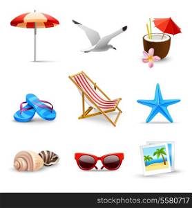 Realistic summer holidays seaside beach icons set isolated vector illustration