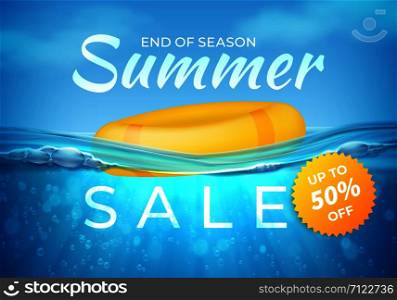 Realistic summer sale poster. End of season sea underwater design banner with water waves. Vector label pool colored objects on blue sky background with white clouds. Realistic summer sale poster. End of season sea underwater design banner with waves. Vector label pool colored objects on blue sky background