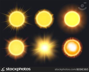 Realistic sun. Shiny illuminated tropical circle light sign decent vector realistic sunshine. Illustration of shiny sun ray and light summer. Realistic sun. Shiny illuminated tropical circle light sign decent vector realistic sunshine