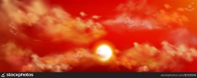 Realistic sunset sky with sun peek out of fluffy clouds. Beautiful heaven nature landscape, panoramic background, red bloody cloudscape evening view with shining Sol 3d vector illustration. Realistic sunset sky with sun and fluffy clouds