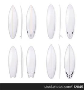 Realistic Surfboard Vector Set. White Surfing Board Template Isolated On White Background.. Realistic Surfboard Vector Set. White Surfing Board Template Isolated On White