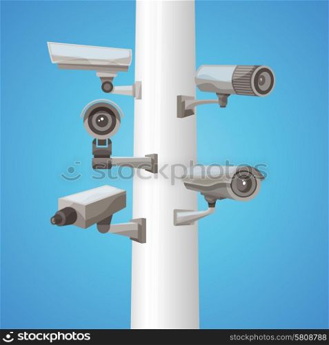 Realistic surveillance video camera on pillar on blue background vector illustration. Surveillance Camera On Pillar