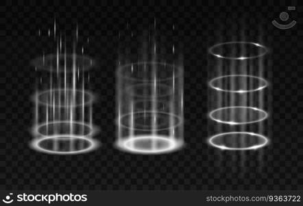 Realistic swirling portals set. Glowing neon energy circles isolated on black transparent background. Teleport with luminous beams. Realistic vector illustration. Realistic swirling portals set. Glowing neon energy circles. Teleport with luminous beams