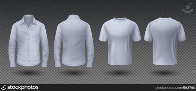Realistic t-shirt and shirt. White mockup isolated template, 3D blank male uniform clothing, front and back view. Vector sport wear for man with long sleeve. Realistic t-shirt and shirt. White mockup isolated template, 3D blank male uniform clothing, front and back view. Vector sport wear
