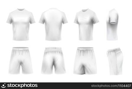 Realistic t-shirt and shorts mockup. White t-shirts template, sport uniform clothes. Boy football uniform clothing, shorts outfit, sportswear 3d isolated vector icons set. Realistic t-shirt and shorts mockup. White t-shirts template, sport uniform clothes 3d vector set