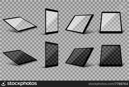 Realistic tablet set on transparent background with images of modern gadget screen frames with different angles vector illustration. Tablet Realistic Transparent Set
