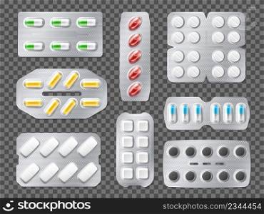 Realistic tablets blisters. Medicines and pills in foil packaging. Isolated pharmaceutical capsules. Drugs in special containers. Medical painkiller or vitamin. Vector prescription remedy packages set. Realistic tablets blisters. Medicines and pills in foil packaging. Pharmaceutical capsules. Drugs in special containers. Painkiller or vitamin. Vector prescription remedy packages set