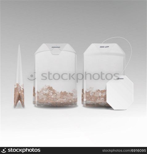 Realistic Tea Bag Teabag With Empty White Label. Isolated Vector Illustration. Realistic Tea Bag Mock Up With Empty White Label. Isolated