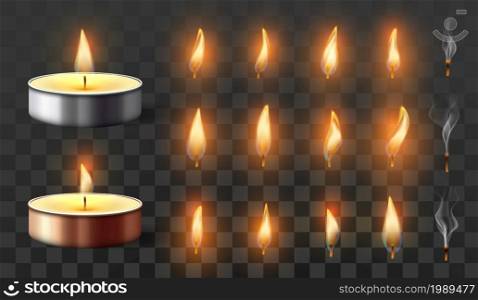 Realistic tea candles with burning flame and extinguished wick. Glowing candlelight in metal case with various flame for animation. Religious or romantic isolated objects vector set. Realistic tea candles with burning flame and extinguished wick. Realistic glowing candlelight in metal case
