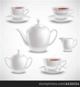 Realistic Tea Set. Realistic tea set with filled teacups saucers pot and sugar bowl on white background vector illustration