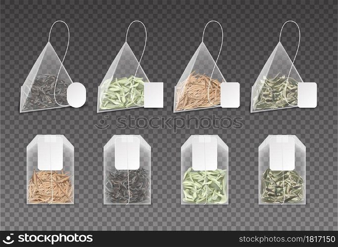 Realistic teabag. 3D pyramid and square bags with green, black or herbal flower tea. Isolated transparent packs set with natural dried leaves and blank labels. Vector morning drink mockup for branding. Realistic teabag. 3D pyramid and square bags with green, black or herbal flower tea. Transparent packs set with dried leaves and blank labels. Vector morning drink mockup for branding