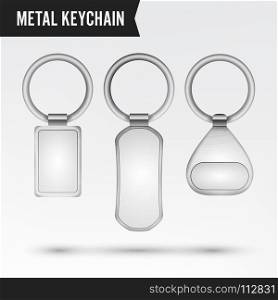 Realistic Template Metal Keychain Vector Set. 3d Key Chain With Ring For Key Isolated On White Background. Realistic Template Metal Keychain Vector Set. 3d Key Chain With Ring For Key Isolated On White
